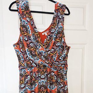 Spense Plus Size Dress, 24W, Orange/Blue Floral Design, Faux Wrap